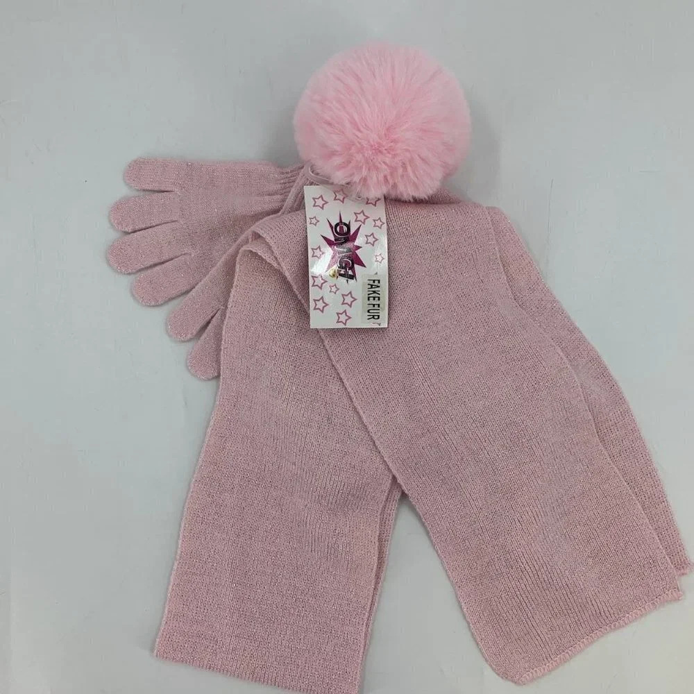 OMG!‎ Girl's Sparkle Squinted Pom Pom Beanie Scarf and Glove Set One Size NWT